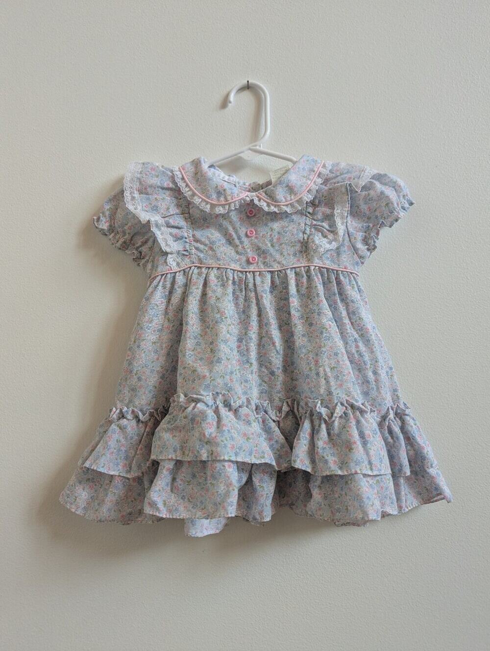Vtg 90s Alexis Dress 24m Blue Floral Frilly Dainty